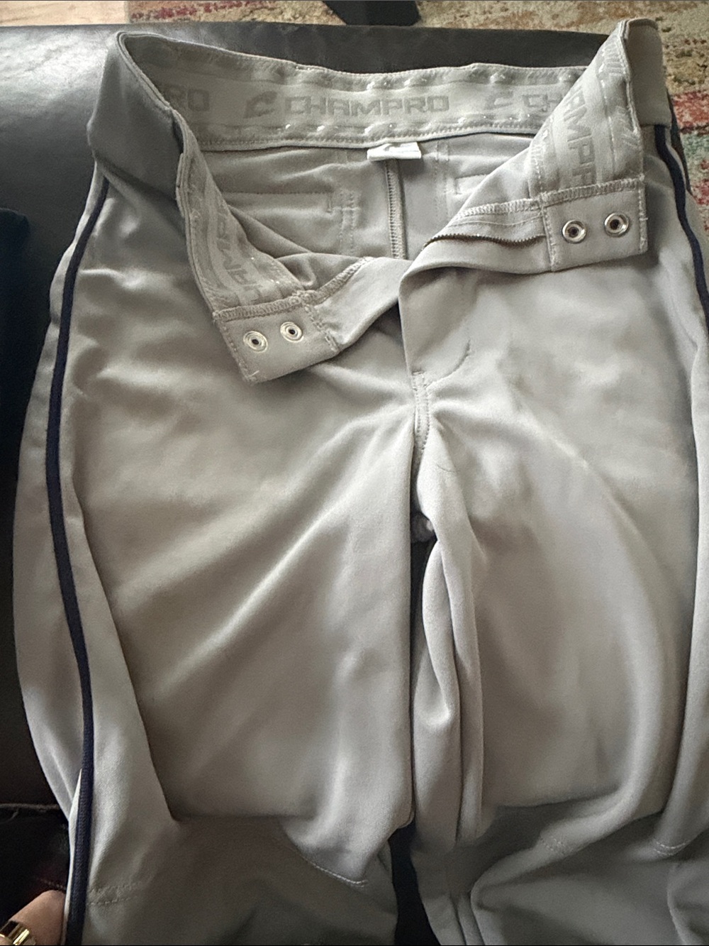 Youth Gray Baseball Pants with Navy Side Stripe